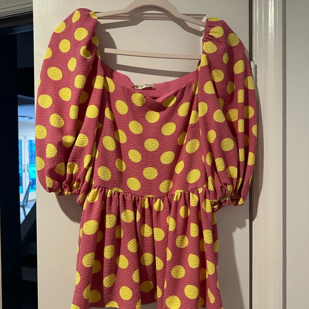 NWT STINE GOYA Irene Pink and Yellow Polka Dot Blouse sz S - Picture 3 of 8